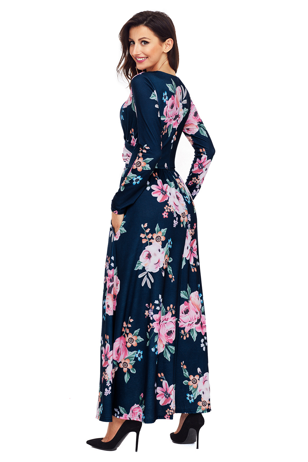 BY61772-5 Navy Floral Surplice Long Sleeve Maxi Boho Dress